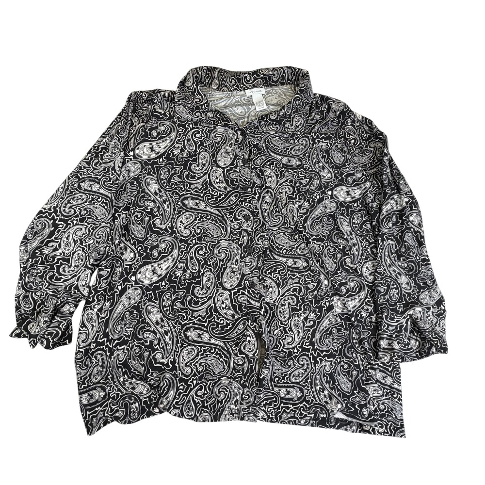 Avenue Blouse Womens Plus 26/28 Black Paisley Button Front Long Sleeve Stretch